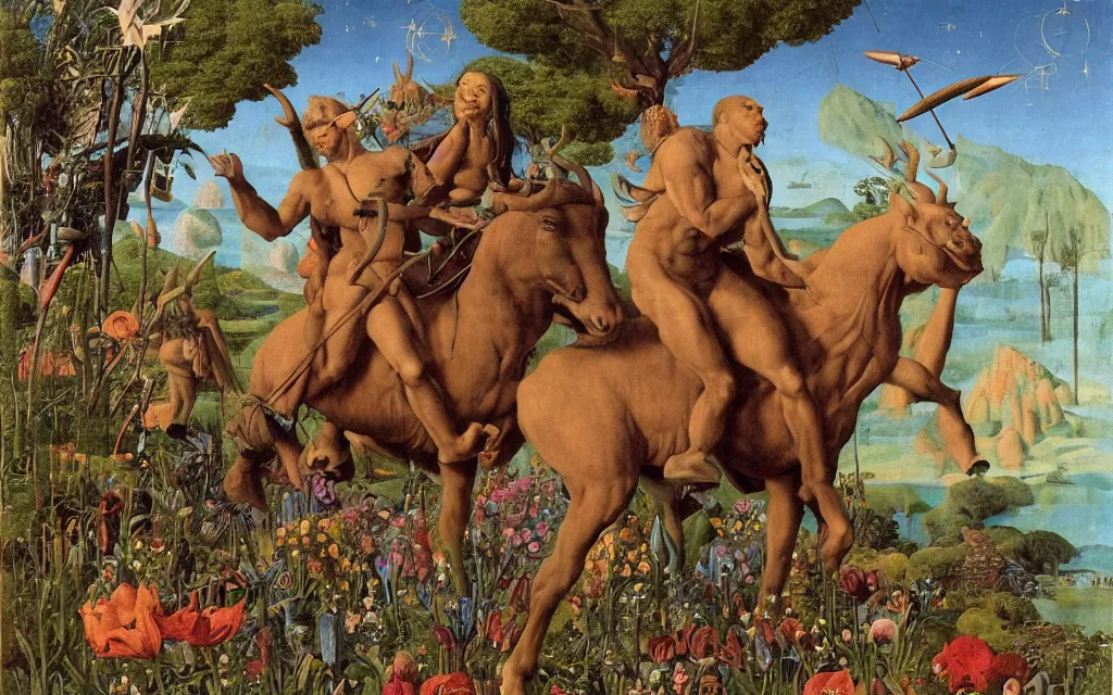 Image similar to a portrait photograph of a meditating satyr and a centaur monk riding a rocket machine and hunting at a river delta. surrounded by bulbous flowers and trees. mountain range under a blue sky of fiery stars. by jan van eyck, max ernst, ernst haeckel, ernst fuchs and artgerm, cgsociety, fashion editorial, 8 k