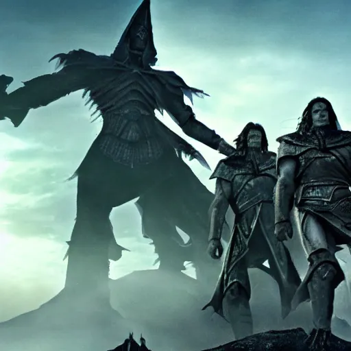 Prompt: A promotional image from the new Simarillion movie by New Line Cinema, Morgoth is towering over Fingolfin at the battle of Angband, 4k, Cinematic, highly detailed special effects