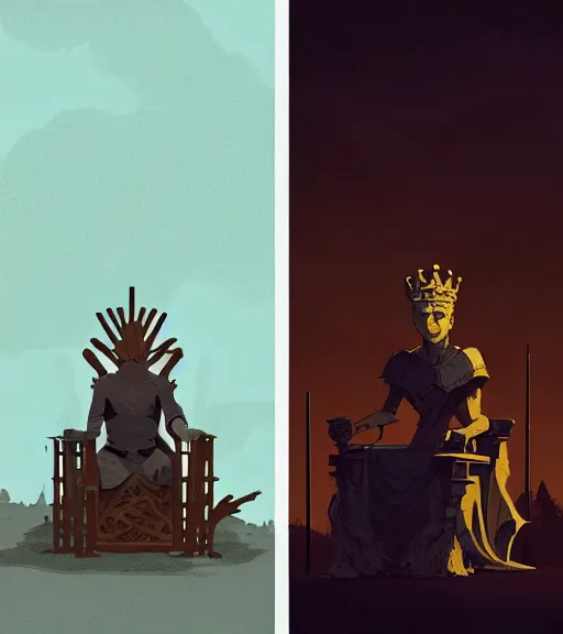 Image similar to portrait of a king ( game of thrones ) sitting on the throne made of fallen wood by atey ghailan, by greg rutkowski, by greg tocchini, by james gilleard, by joe fenton, by kaethe butcher, dynamic lighting, gradient light blue, brown, blonde cream and white color scheme, grunge aesthetic