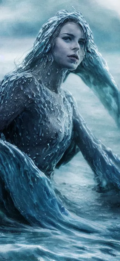 Prompt: creature made of water, made of liquid, rising up from ocean, water armor, high detail, high contrast, medium close up portrait, studio lighting, stormy seas, beautiful, bokeh, snowy, storm clouds, god rays, d & d, fantasy, elegant, aquamarine color palette, concept art, roger deakins and greg rutkowski and alphonse mucha