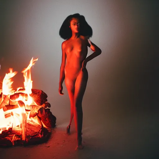 Image similar to realistic! photoshoot for a new chanel lookbook, color film photography, portrait of a beautiful woman, fire in the background, in style of tyler mitchell, 35mm