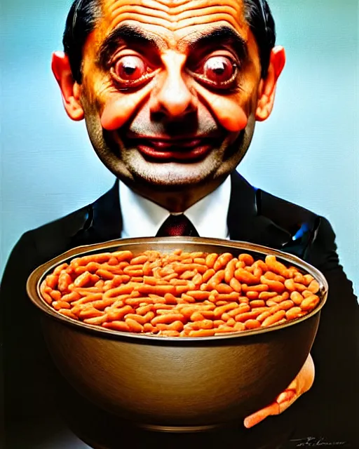 Image similar to portrait of mr bean's face in a bowl full of baked beans, face covered in beans and tomato sauce, beans in his eyes sockets, pile of beans on his head, baked beens instead of eyes, open mouth full of with baked beans, overflowing with baked beans, rowan atkinson, muted colors, surrealist oil painting, highly detailed