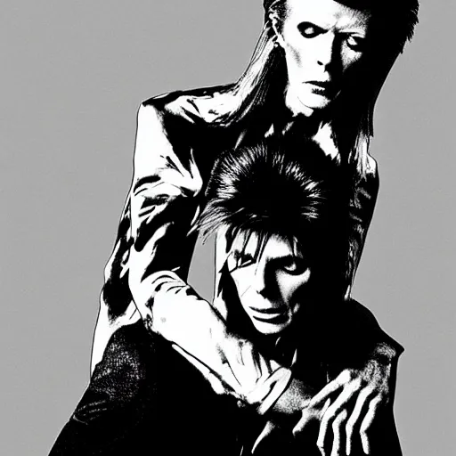 Prompt: david bowie getting a piggy back ride from ziggy stardust, digital art, glam rock