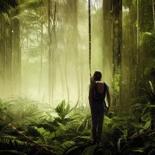 Image similar to a human Researcher standing in the rainforest, post-apocalypse, cinematic, photorealistic