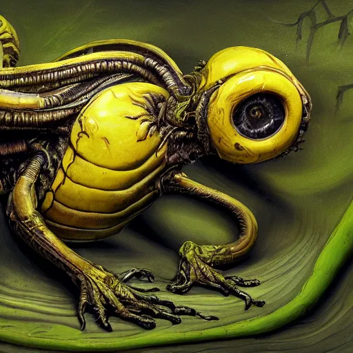 Prompt: yellow dendrobatidae, xenomorph, chilling on a leaf, by artist giger, concept art for movie, low saturated colors, extreme detail, 4 k, detailed concept art, realistic lighting, sharp focus, backlit