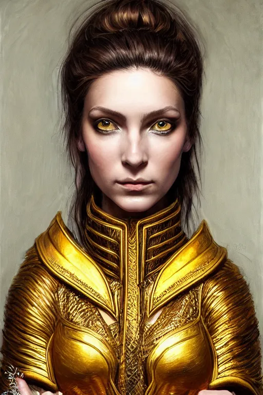 Image similar to high quality extremely detailed closeup portrait of a young gorgeous female warlock looking away from the camera wearing very reflective golden armor, detailed eyes, sparkle in eyes, no hands visible, fantasy, d & d, intricate, painting by lucian freud and mark brooks, hd