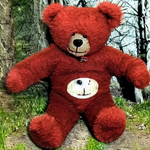 Prompt: teddy bear killer monster with vampire teeth and red terminator eyes staying in the woods blair witch project