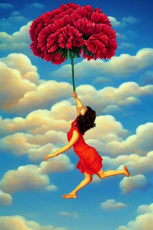 Image similar to closeup, giant carnation flower head, woman flying, surreal, clouds in sky, impressionist painting, digital painting, artstation, rob gonsalves