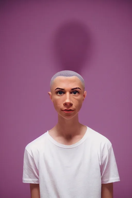 Prompt: a high definition film photograph of a normal mixed race androgynous robot human wearing a plain white t - shirt, in a pastel pink pool room. happy. crushed shadows. caustics.