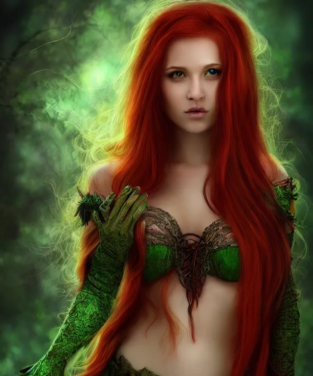 Image similar to Beautiful young woman, Fae, Fantasy, highly detailed, portrait, long red hair, green highlights