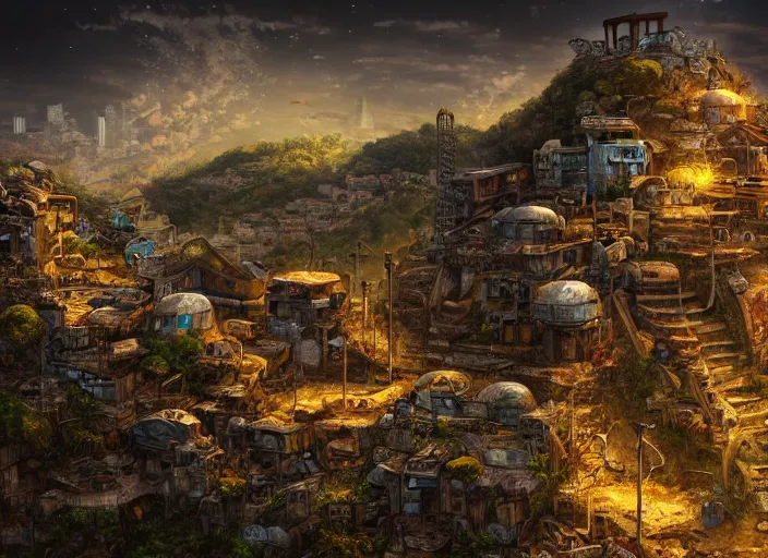 Prompt: ancient ruins favela, outer space environment, scenery, professional, award - winning, trending on artstation, hyper detailed, realistic, beautiful, emotional, shiny, golden, picture