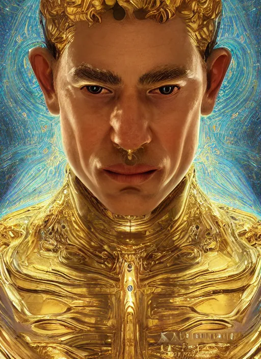 Image similar to masterpiece portrait of a cosmic god wearing tuxedo, au naturel, hyper detailed, digital art, trending in artstation, cinematic lighting, studio quality, smooth render, unreal engine 5 rendered, octane rendered, art style by klimt and nixeu and ian sprigger and wlop and krenz cushart