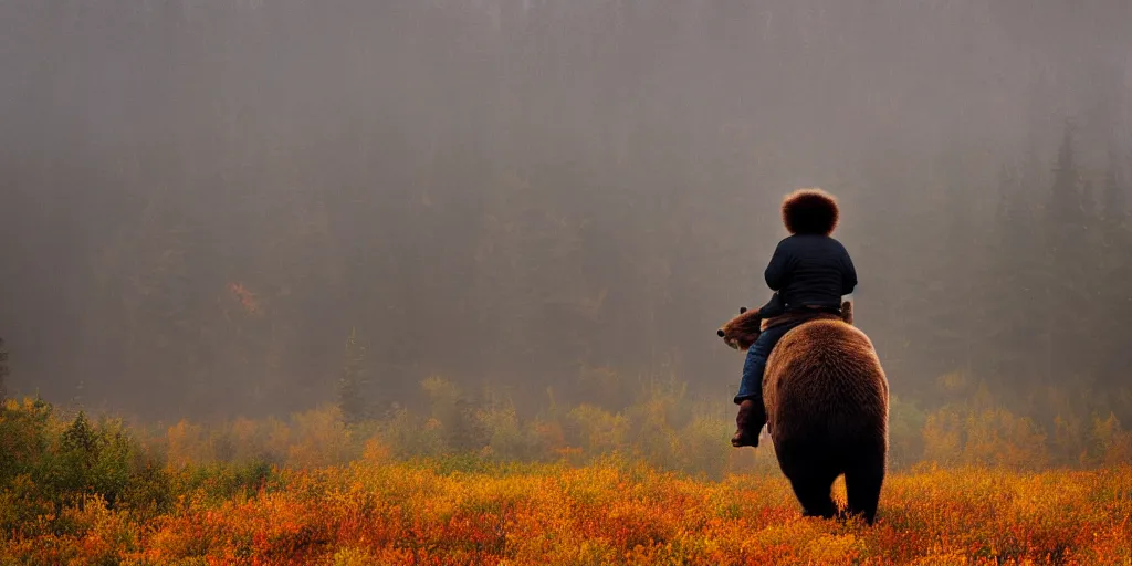 Prompt: back of bob ross riding on the back of brown bear in alaska at fall season, outdoor lighting, realistic, photo, national geographic photo, volumetric, fog