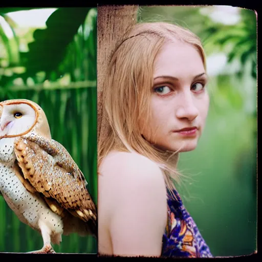 Image similar to portrait photograph of an extremely beautiful!!!! young blonde female with symmetric face. with a very detailed barn owl!!!!! on her shoulder. wearing a yellow kimono!!.. in a tropical greenhouse. petzval lens. shallow depth of field. polaroid featured on flickr, art photography,