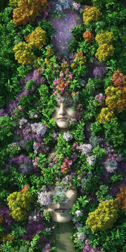 Image similar to an aerial view beautiful garden forming the face of a beautiful goddess, hyperrealism, 8 k, octane render, dramatic lighting, trending on artstation