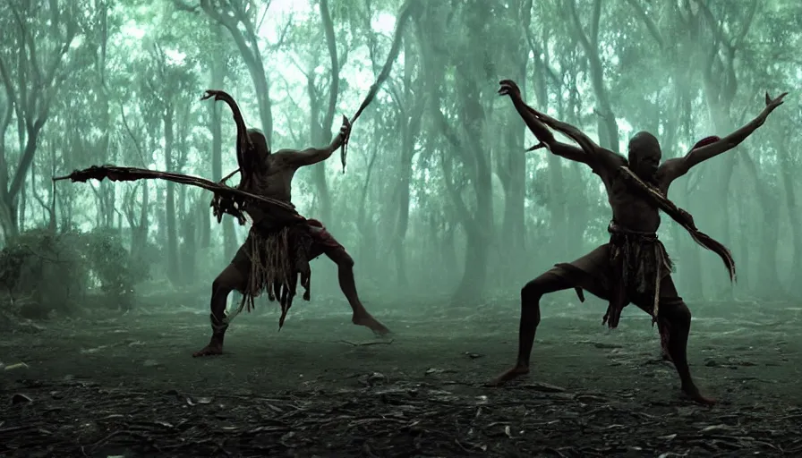 Image similar to screen shot of baraka, ambient lighting, cinematic, epic, demonic dance, chanting, forest