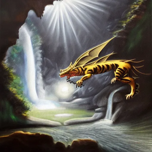 Image similar to oil painting of a dragon flying in the air near a cave with a waterfall in the center, light emanating from the waterfall leading to a big pool of water, dragon has black and white tiger stripes, elegant, sharp focus, wide shot, clear, detailed, early renaissance