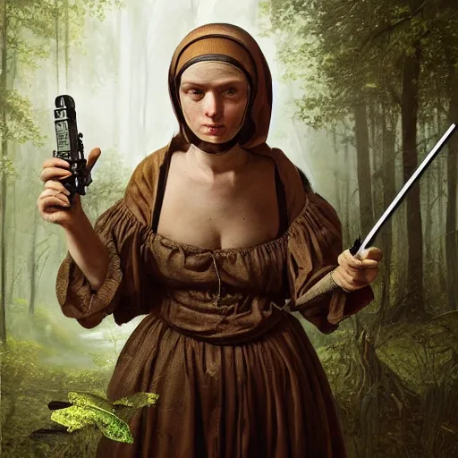 Image similar to A masterpiece ultrarealistic ultradetailed portrait of a Incredibly beautiful maid baroque renaissance swamp nun girl with darth vaider head hunting on deer with russian greyhound medium shot, intricate, elegant, highly detailed. trending on artstation, digital art, by Stanley Artgerm Lau, WLOP, Rossdraws, James Jean, Andrei Riabovitchev, Marc Simonetti, Yoshitaka Amano. background by James Jean and Gustav Klimt, light by Julie Bell, 4k, porcelain skin.