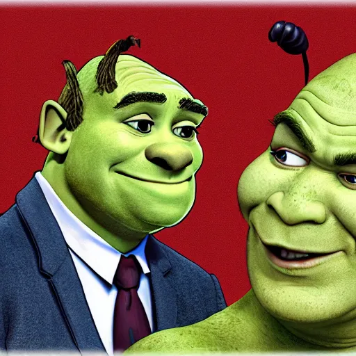 Image similar to Shrek being defended in court by Saul Goodman, detailed hyperrealistic photograph