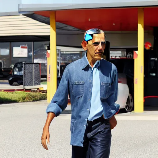 Prompt: barack obama at a gas station, with a fade haircut, wearing ripped jeans, photograph, 4 k