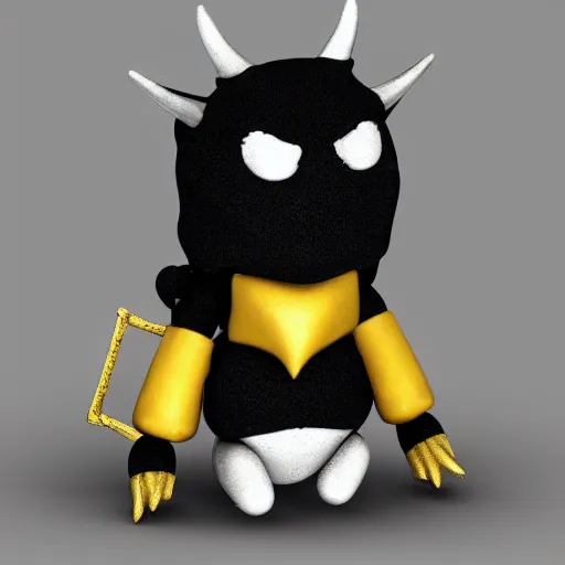 Prompt: cute fumo chibi plush imp, black and white with hearts, wearing the golden pauldron of the king in yellow, soft shadow, vray