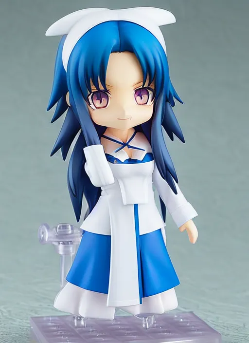 Image similar to nendoroid anime beautiful female witch with long, blue hair and green eyes, pretty symmetrical face, fullbody, white robes blue skirt, anime, nendoroid,