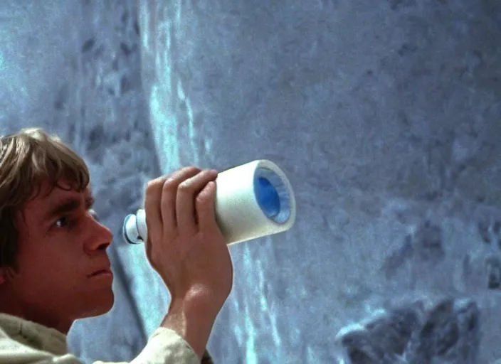 Image similar to screenshot of Luke Skywalker drinking blue milk, on a marble designed planet, famous scene from the 1980s film directed by Stanley Kubrick cinematic lighting, moody cinematography, with anamorphic lenses, crisp, detailed portrait, 4k image