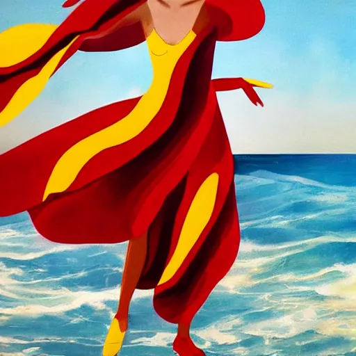 Prompt: beautiful modern dancer wearing a red and yellow swirling dress, dancing in a sea of wild ocean waves, trending on Artstation, cinematic