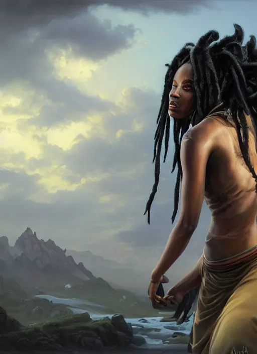 Prompt: girl with black dreadlocks, beautiful highly detailed face, complementary lighting, backlit, black eyeshadow, grinning, adventure, dramatic lighting, landscape background, beautiful painting by artgerm and greg rutkowski and raymond swanland