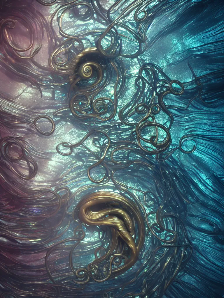 Prompt: nautilus, metallic, iridescent, tentacles, surreal, Octane Render, Unreal Engine