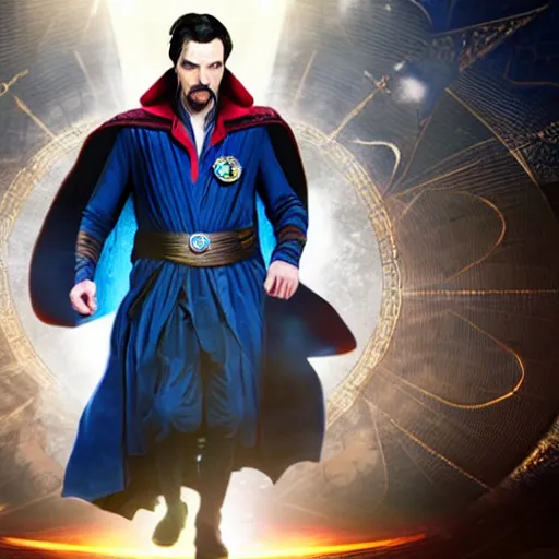 Image similar to doctor strange in neo suit, sharp focus, volumetric lighting, blue tint