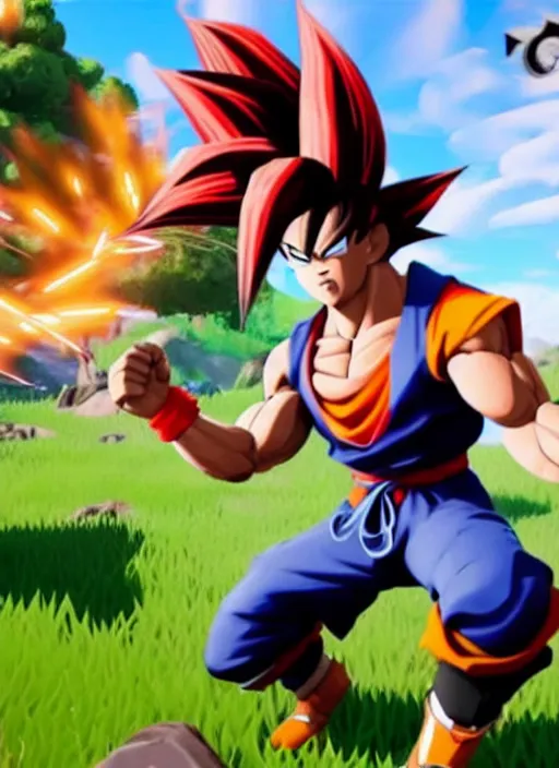 Image similar to game still of a sayan goku as a fortnite skin in fortnite, pose.