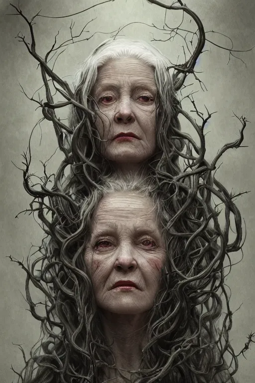 Prompt: realistic portrait beautiful detailed matte painting of cinematic movie scene a crazed old woman with long white hair, tentacles, thorns, vines, horror, created by gustave dore and greg rutkowski, high detailed, smooth draw, synthwave neon retro, intricate, realistic proportions, dramatic lighting, trending on artstation.