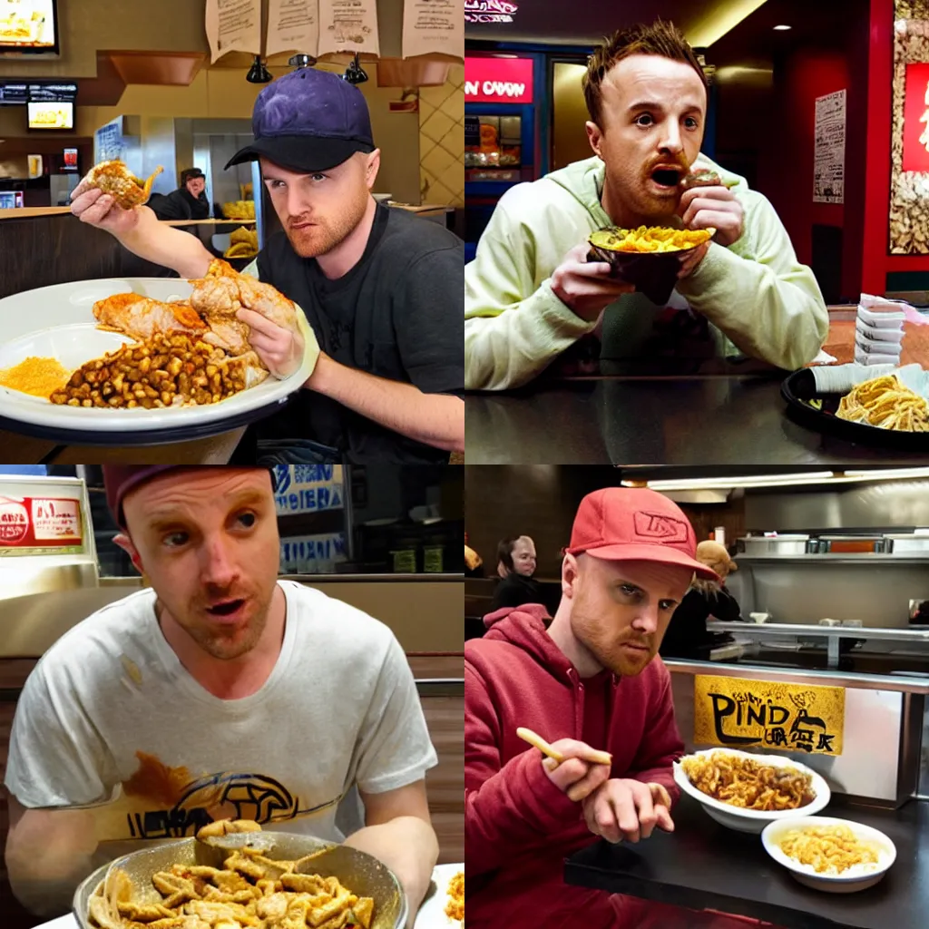 Prompt: Jesse Pinkman eating chicken king pow at Panda Express