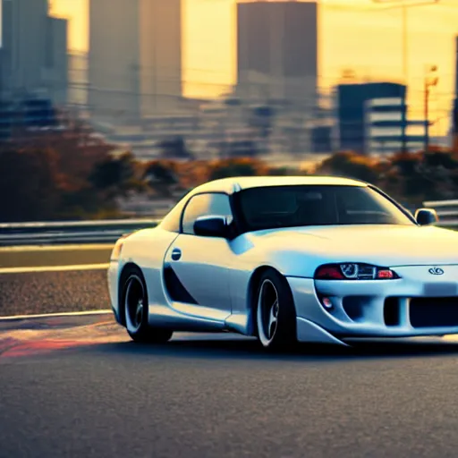 Prompt: still of a toyota supra mk4 on the road in Tokyo, action shot,sunset, CGSociety