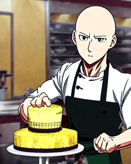 Image similar to chef saitama one punch man, dressed as a pastry chef, fiercely focused at making a cake, beautiful anime artwork