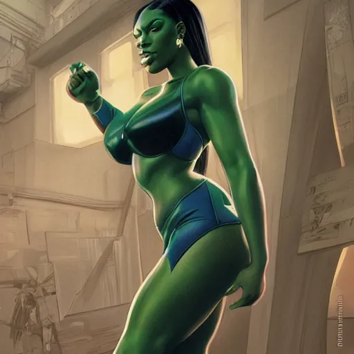 Image similar to full figure ultra realistic illustration, megan thee stallion as she - hulk, intricate, elegant, highly detailed, digital painting, artstation, concept art, smooth, sharp focus, illustration, art by artgerm and greg rutkowski and alphonse mucha