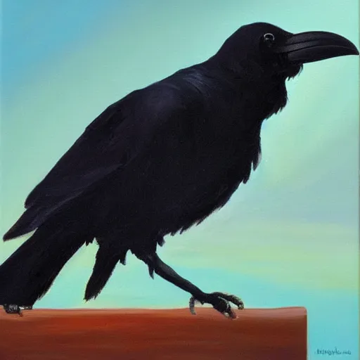 Image similar to oil painting of a raven holding a paintbrush in its beak and painting with it