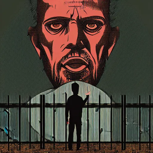 Image similar to scared man standing in front of a fence with barbed wire, by jeffrey smith, tim biskup, behance contest winner, wallpaper, digital illustration