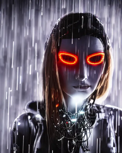 Image similar to portrait photo of female dancer as a cyberpunk mecha humanoid robotic head shoulder parts with straight bright led lights, under heavy rain, ultra - realistic and detailed, hdr 8 k