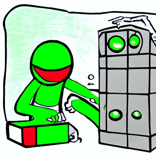 Image similar to a green alien trying to figure out what a rubiks cube is