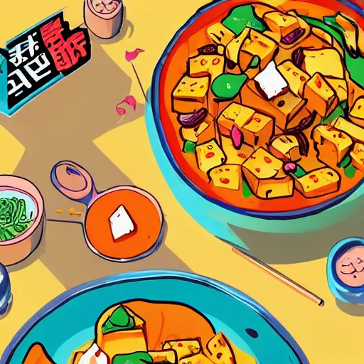 Prompt: mapo tofu as cartoon, hyperpop aesthetics on the background, minimal, sweet color scheme, as an adventure time cartoon