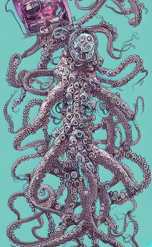 Image similar to robotic octopus by miyazaki, illustration, kenneth blom, mental alchemy, james jean, pablo amaringo, naudline pierre, contemporary art, hyper detailed