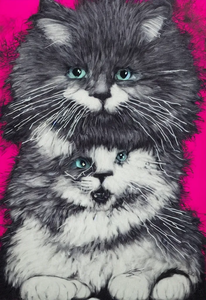 Image similar to fluffy cat with an afro comb t - shirt design, by jules julien, kaws, dark grisaille monochrome neon spraypaint, ironic surrealism, hypebeast