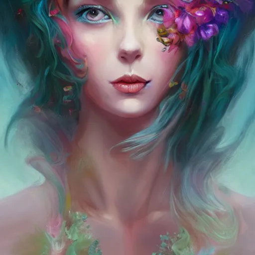 Prompt: a colorful and provenance portrait painting of a fantasy female with floral wings, detailed, highly detailed, hair made of hair made of air wind and curling smoke, mist, dust, genie, spirit fantasy concept art ， art by charlie bowater, trending on artstation.