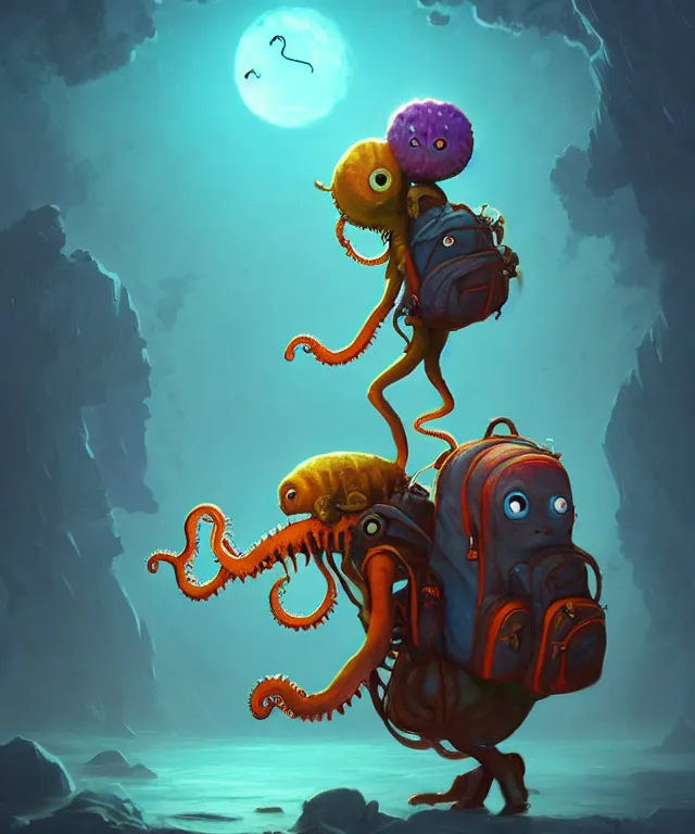 Prompt: a lovecraftian creature carrying a backpack full of supplies in the style of pixar, adorable and whimsical,, fantasy, elegant, digital painting, artstation, unreal engine, octane render, concept art, matte, sharp focus, vibrant colors, high contrast, illustration, art by justin gerard