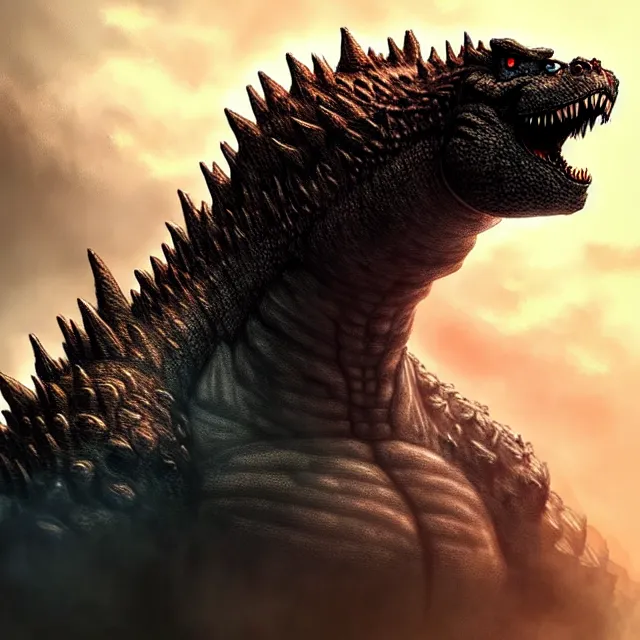 Prompt: epic professional digital portrait art of Godzilla 👩‍💼😉,best on artstation, cgsociety, wlop, Behance, pixiv, astonishing, impressive, outstanding, epic, cinematic, stunning, gorgeous, concept artwork, much detail, much wow, masterpiece.