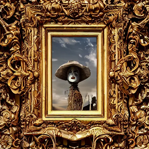 Image similar to female scarecrow hyper realistic, elegant, ornate, elite, horror, creepy, ominous, haunting, cinematic lighting, metal plate photograph, unreal engine, symmetrical, cinematic centered camera, high detail by Isaac Levitan, Frederic Church and Vasily Perov