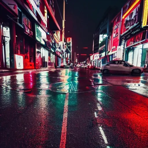 Image similar to a high quality low wide angle photo of a Greylag Goose on the streets of a cyberpunk city, rainy, reflective ground, neon lights, realism, 8k