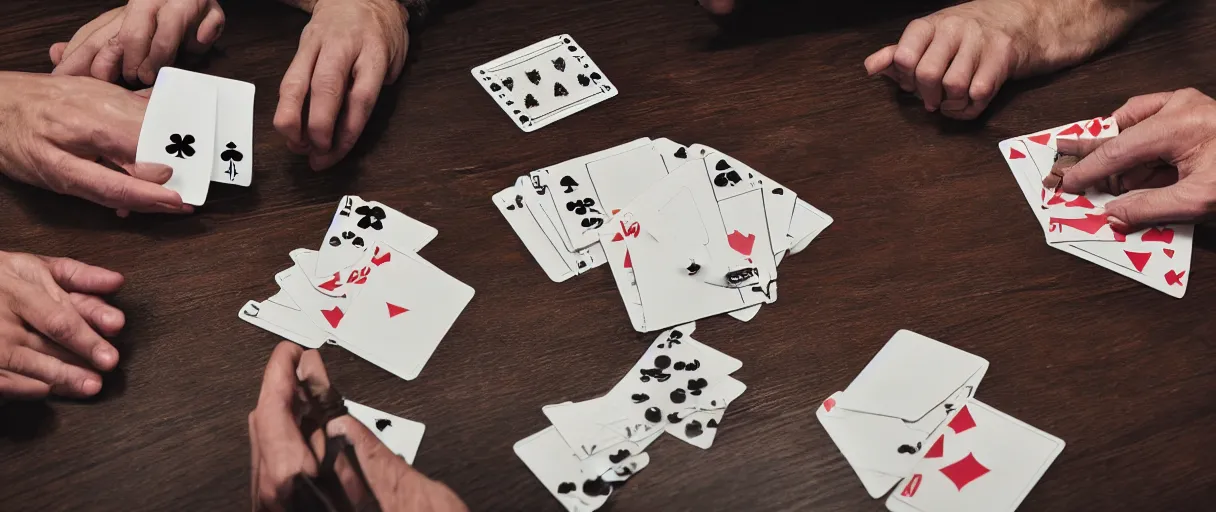 Image similar to a high quality color extreme creepy atmospheric wide dutch angle hd 4 k film 3 5 mm photograph of closeup of hands of caucasian men playing cards on a table with a full ashtray & cigarette smoke